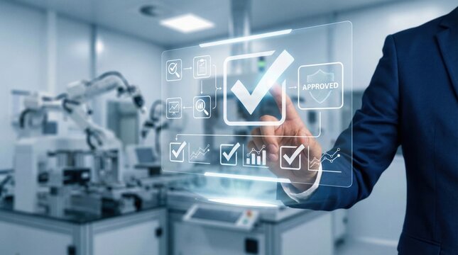 Quality assurance in smart factory,man pressing virtual checklist interface with icons of testing,approval,and certification in automated manufacturing