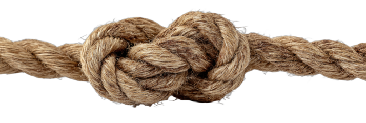 A thick, woven rope with a complex knot in the center, isolated on black
