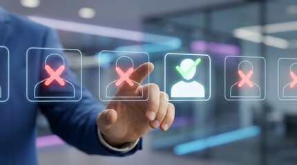 Businessman approves user profile with glowing green checkmark in modern office setting, symbolizing verification and authentication in digital interface
