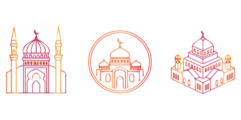 Modern Gradient Mosque Vector Set 3 Minimalist Islamic Line Art Illustrations for Ramadan & Eid