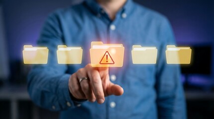 A man interacts with digital warning folder icons on a screen, highlighting cybersecurity and data protection concepts in a modern office setting.