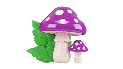 Purple and Pink Cartoon Mushrooms with Green Leaves