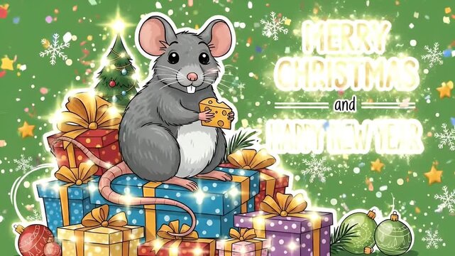 Animated Grey Mouse Merry Christmas Happy New Year Gifts Tree