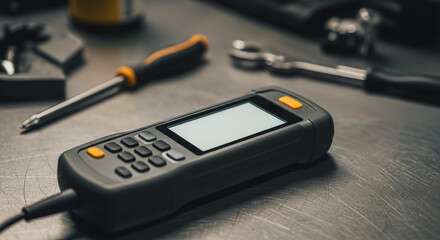 Handheld diagnostic device or measuring tool with blank screen on a workshop table surrounded by tools, close-up