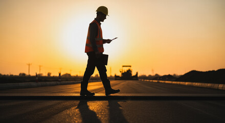 Silhouette of construction worker walking on road construction site at sunset, inspecting pavement quality.