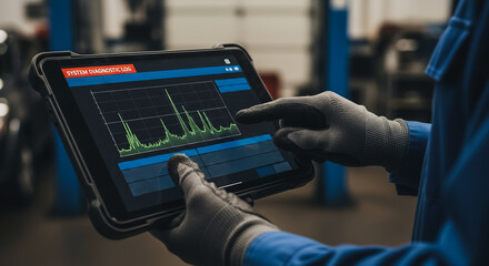 Close-up of mechanic or technician analyzing car system diagnostic data log on a ruggedized tablet in an auto repair service station, showing modern automotive maintenance technology.