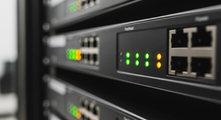 Close-up of network switch or router in server rack with blinking LED lights, indicating data transmission and connectivity in a modern data center.