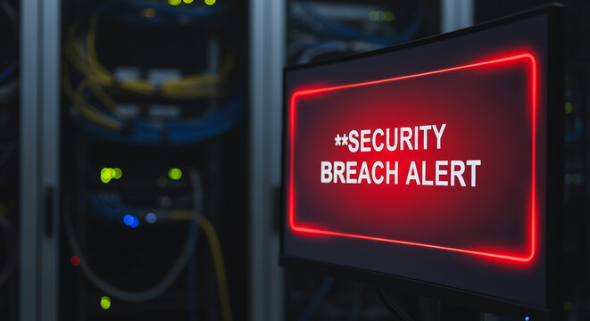 Security Breach Alert displayed on a monitor screen in a dark server room, symbolizing cyber attack, hacking, and data vulnerability in IT infrastructure