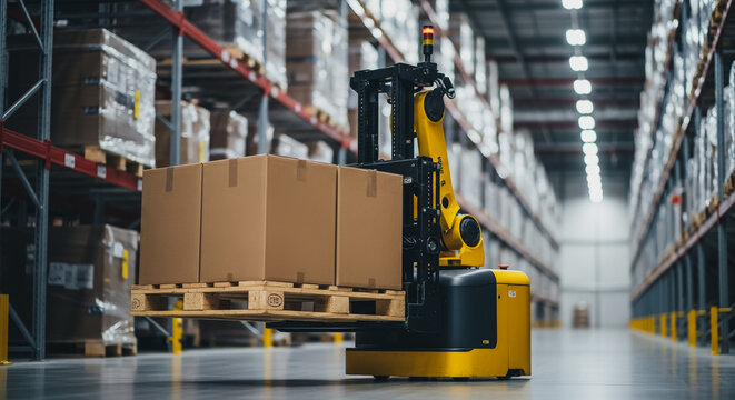 Autonomous Robotic Forklift Moving Palletized Boxes in Modern Automated Warehouse. Smart Logistics and Supply Chain Automation Technology.