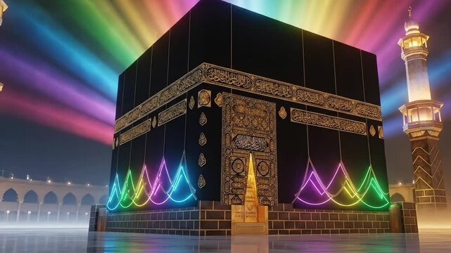 Eid islamic kaaba with colorful glowing lights and sacred architecture animation for eid al fitr celebration spiritual branding and commercial design use