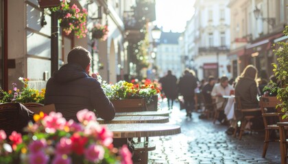 People enjoying leisure time at outdoor cafes on a sunny day in a European city street
