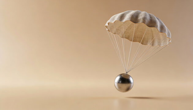 minimalist cgi render of parachute carrying chrome sphere floating in studio background concept safe landing risk management rescue delivery and soft support
