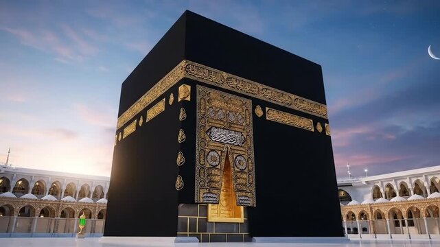 Eid fitr kaaba animation at masjid al haram with crescent moon sky expressing islamic devotion faith culture and festive celebration motion background