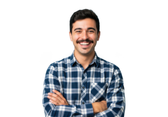 Confident young man with arms crossed wearing a blue plaid shirt and smiling at the camera, looking friendly and approachable isolated on transparent background