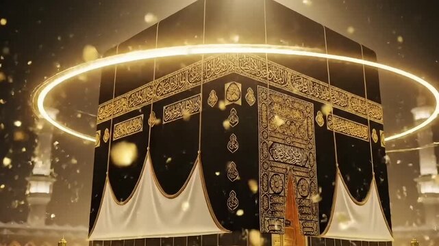 Eid fitr kaaba animation at masjid al haram with glowing golden light expressing islamic devotion faith culture and peaceful festive celebration motion background