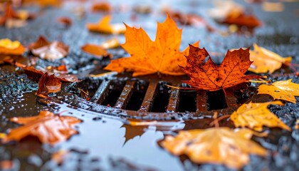 Vibrant orange and brown autumn maple leaves scattered on wet urban pavement around a storm drain, reflecting the cool, crisp fall weather after a seasonal rain