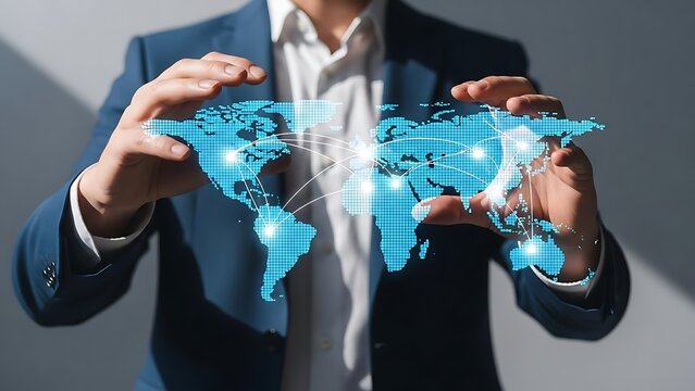A person in business attire displays a digital world map with glowing connections between continents, symbolizing global networking and communication. - Powered by Adobe