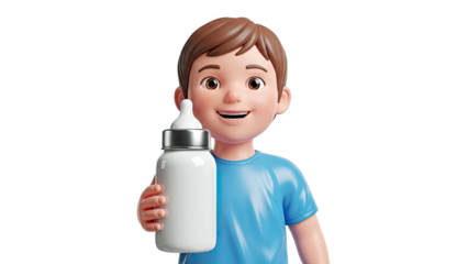 Cartoon Boy Holding a Baby Bottle