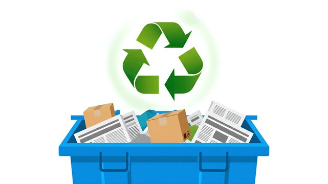 Blue Recycling Bin Overflowing With Paper And Boxes Animation