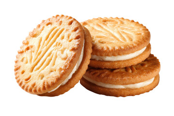 Two cream filled round cookies with embossed patterns stacked on black filling sandwich, Png On White Background, Isolated on Transparent Background, Cut Out