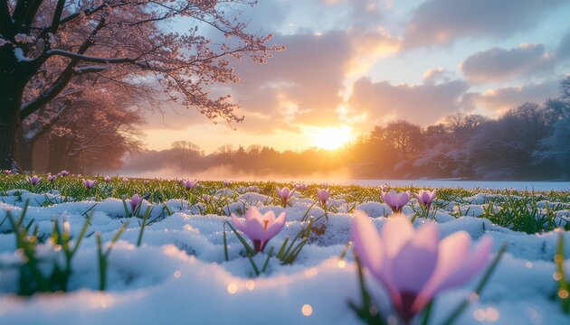 Sunrise over a snowy meadow with blooming crocuses and cherry blossoms; a beautiful transition from winter to spring