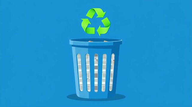 Blue Recycling Bin With Green Recycle Symbol On Blue Background