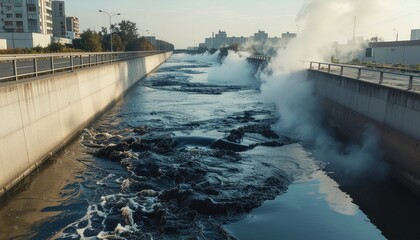 Water pollution in industrial river, environmental damage from wastewater discharge, foam and contamination in urban canal
