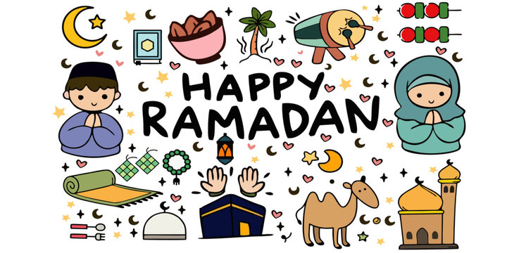 Delightful Ramadan illustration with vibrant cartoon elements and symbols, Ramadhan icons design stikers 