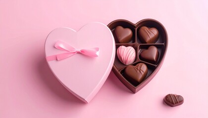 Elegant heart-shaped pink gift box, tied with a ribbon, open to reveal an assortment of delicious chocolates. Perfect for expressing love and affection on romantic celebrations