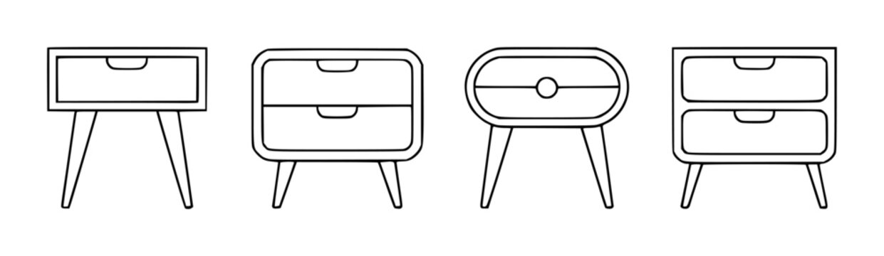 Collection of black outline of bedside tables with drawers and tapered legs nightstand furniture