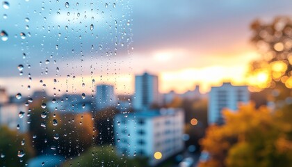 Rainy day cityscape viewed through a window with water droplets on the glass during golden hour
