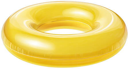 A transparent, inflatable ring with a bright yellow hue floats on a dark background