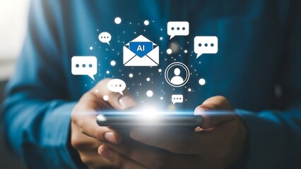 A person holding a smartphone with digital communication icons and messages floating above the screen, illustrating modern connectivity and online interaction in a close-up view indoors