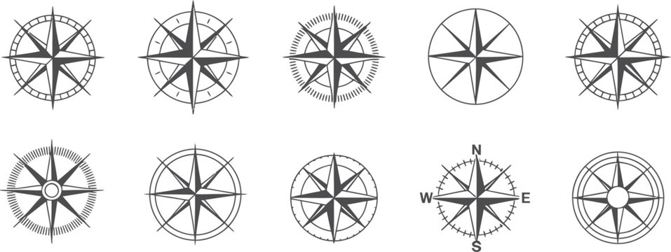 Collection of detailed black compass rose vector illustrations showcasing directional markings perfect for navigational designs on transparent background high-quality professional