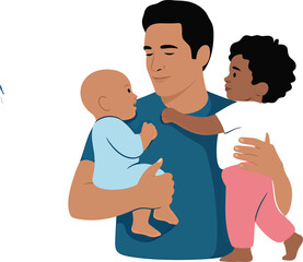 Obraz premium Vector Illustration of Parent Holding Children: Tender Family Bond, Protective Embrace, and Emotional Connection in Stylized Design.