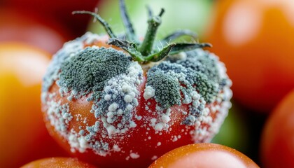 Close-up view of a ripe red tomato heavily covered in blue-green and white mold, symbolizing food spoilage, waste, and the process of decay in organic produce, highlighting health and hygiene concerns