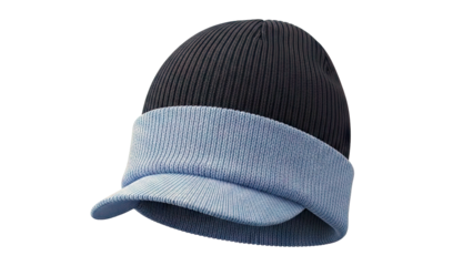 Navy and light blue ribbed knit beanie with visor