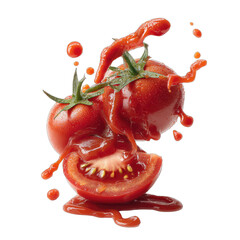 Ripe tomatoes drenched in a vibrant red, flowing sauce, creating a dynamic, abstract design