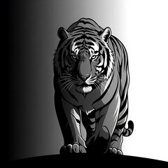 Powerful tiger walking forward in dramatic monochrome lighting with high contrast shadows