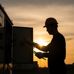 Electrician worker in hard hat repairing electrical panel outdoors during golden hour