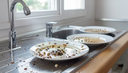 Unwashed dirty plates with food scraps scattered on a kitchen sink counter next to a faucet