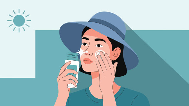 Woman applying sunscreen on her face with a hat on sunny day