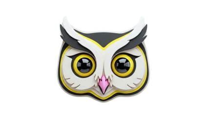 Stylized 3D Owl Face with Large Yellow Eyes and Pink Beak