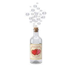 Glass potion bottle with hearts label and floating bubbles