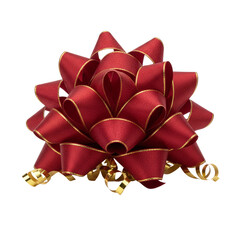Red satin gift bow with gold trim on gray background