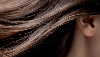 Close-up of a woman's brown hair and ear, highlighting textures and natural light on the strands