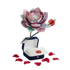 Large decorative flower with arrow over velvet jewelry box