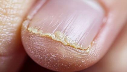 Detailed macro perspective of an unhealthy human fingernail exhibiting signs of fungal infection or significant damage, presenting a crumbling and discolored nail plate requiring attention