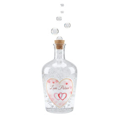 Clear glass love potion bottle with floating bubbles and heart label