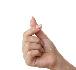 Hand making Korean finger heart gesture with glowing sparkles